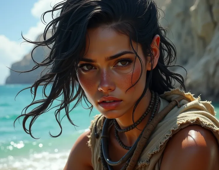 a woman with an angular and expressive face,  with deep eyes that convey a mixture of courage and concern ,  reflecting the hard tests she has faced in Wraeclast .  Her dark hair falls in long, messy locks around her face and shoulders ,  as if the wind an...