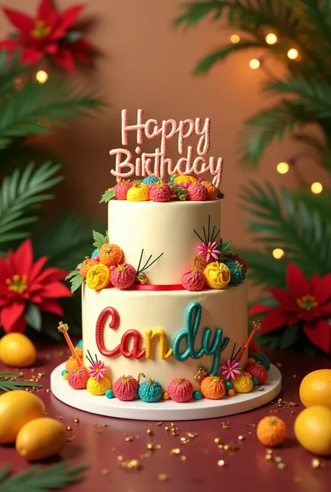 Create a realistic 3D image of a birthday cake that says “Happy Birthday Candy” decorated with elements alluding to Venezuelan Christmas