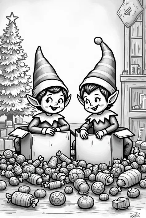 Make coloring book page where 2 elf on the shelf unbox a lot of candy and eating them