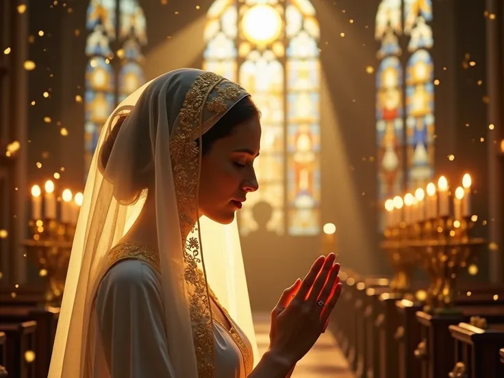 This image portrays a serene and spiritual moment within a grand church setting. A graceful woman, her head adorned with a delicate white veil embroidered with intricate golden floral patterns, is shown in prayer. Her hands are clasped together, and her ey...