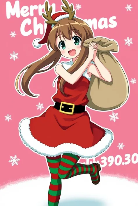 "Create an illustration of a festive, cheerful character wearing a Santa-themed outfit. The character has long brown hair styled in twin ponytails and is wearing a red dress with white fur trim, a wide belt with a gold buckle, and striped green and red sto...