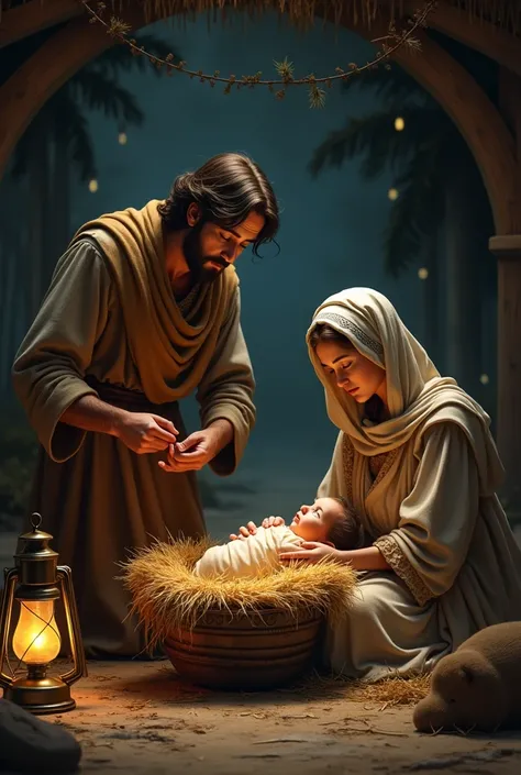 Create a Christmas image of Joseph, Mary and the  Jesus in a manger.