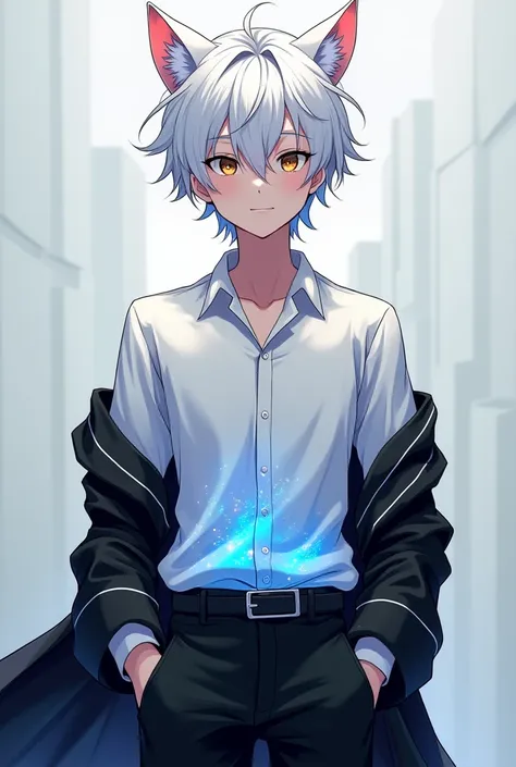 Make a 17-year-old boy ,  with white hair white cat ears , with black pants, white shirt with a blue sheen underneath the shirt and a black striped robe,  anime style 