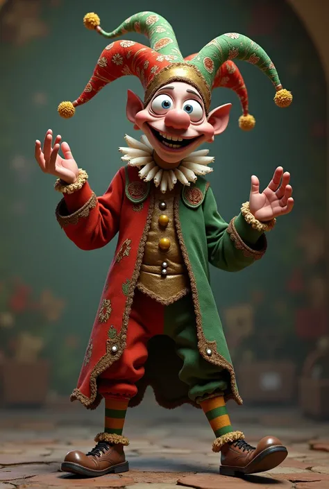  realistic image of a funny skinny tall court jester , big and funny jaw and nose ,  bulging and tender eyes ,  with his colorful and vibrant hat jumping and moving his hands, 