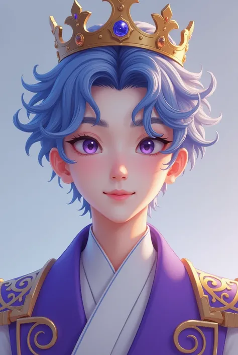 A 19 year old young man who has a handsome face with healthy and shining white skin, curly eyelashes, and lilac colored eyes. His short hair is in a korean style, light blue mixed with dark purple. His clothes are like a royal prince with a crown on his he...