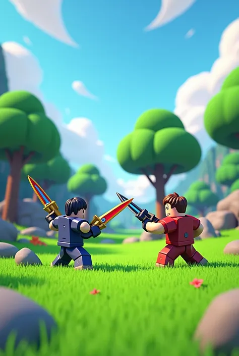 Create a PVPS image with other players with swords and razor guns on a field of grass and trees and rocks in Roblox