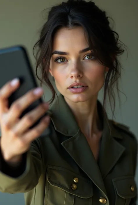 beautiful brunette girl in an army military suit, taking a selfie