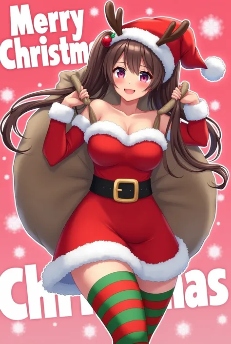 Create an illustration of a festive, cheerful, and voluptuous character with a curvy figure wearing a Santa-themed outfit. She has long brown hair styled in twin ponytails and is dressed in a snug red dress with white fur trim that accentuates her hourglas...