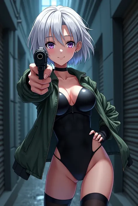 A close-up of Lisa Harris, a confident and determined female private investigator, wearing tactical gear, holding a gun, and observing her surroundings in a dimly lit alley.The image depicts a female character in an anime art style, featuring short white h...