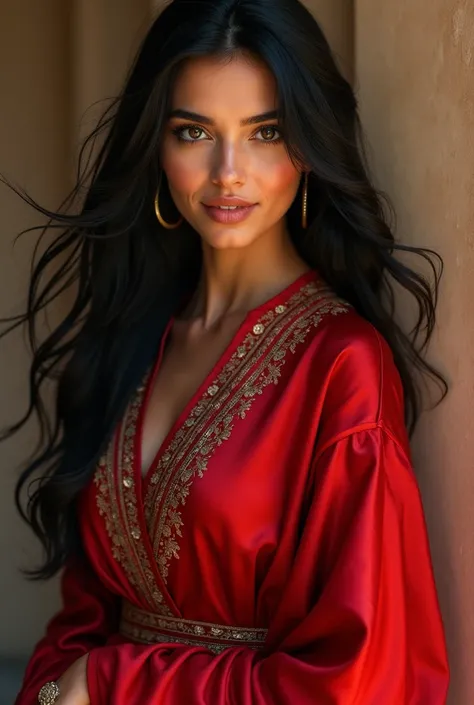 une très belle jeune fille marocaine , avec un supère sourire et un regard perçant  ,au cheveux noir et long ,avec une djellaba  marocaine rouge en soie 