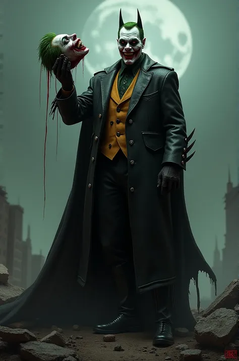 Batman who laughs holding the blood-filled Jokers head 