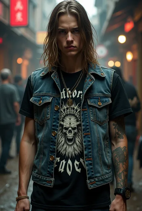 Metalhead male 21 year old , camisa do bathory, denim vest,  fair-skinned straight hair below the neck 