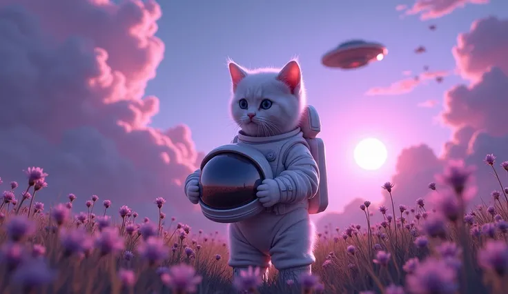 In a mystical, surreal environment, a white kitten in a space suit holds its astronaut helmet. The UFO in the background shines brightly in a field of flowers, while purple clouds swirl across a glowing sky.