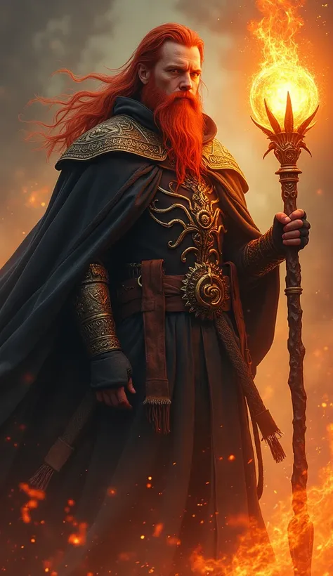 Battle Mage of Ancient Fire
A warrior with long red hair, a beard, and golden eyes. He wears a black cloak decorated with fiery runes and holds a scepter topped with a glowing orb of fire.