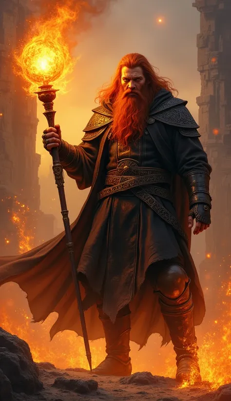 Battle Mage of Ancient Fire
A warrior with long red hair, a beard, and golden eyes. He wears a black cloak decorated with fiery runes and holds a scepter topped with a glowing orb of fire.