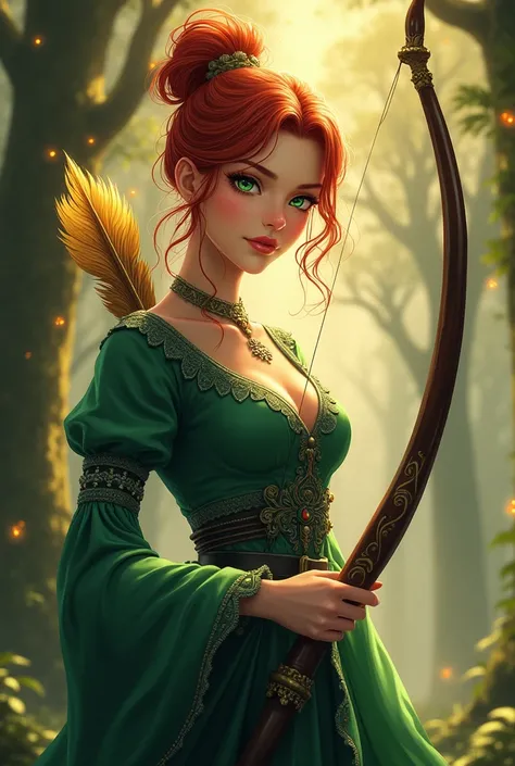  A woman with wavy red hair tied in an elaborate bun ,  with determined expression and intense green eyes .  She holds a dark wooden bow with fine notches and an arrow adorned with golden feathers.  Her costume is a medieval dress in shades of emerald gree...