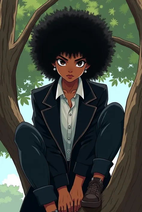 Black, attractive young adult 20 years, dark skin, black eyes, pierced ears, big afro hair, closed, round hair, wearing a black
coat with a white shirt inside, dynamic pose, he is sitting in a tree, dominant, art in anime Comics