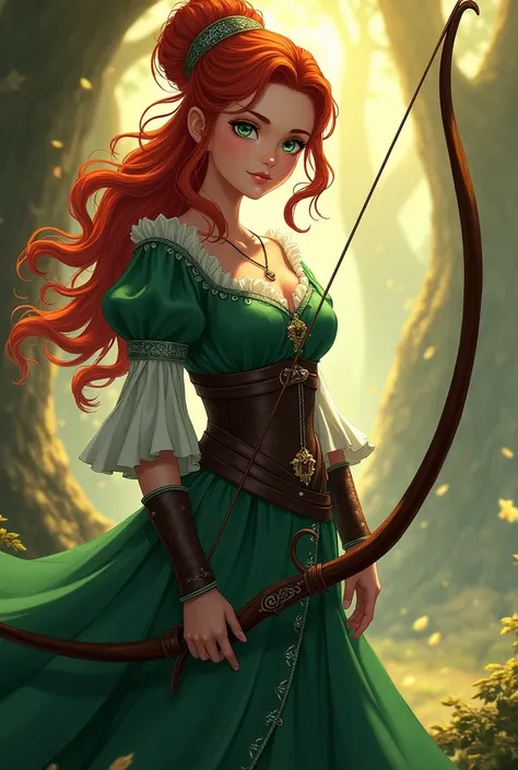  A woman with wavy red hair tied in an elaborate bun ,  with determined expression and intense green eyes .  She holds a dark wooden bow with fine notches and an arrow adorned with golden feathers.  Her costume is a medieval dress in shades of emerald gree...