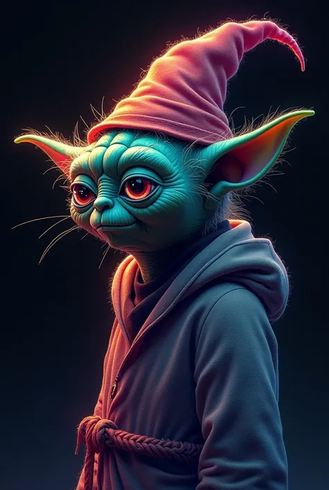 Generate a kawaii pussy, multicolor, polychromatic, abstract of Yoda&#39;s side silhouette on a dark background, with a wizard pointy hat 
Alchemy mysterious Unreal Engine, Surrealism, Romanticism, Realism, Photorealistic, Japanese Illustration Style, Hype...