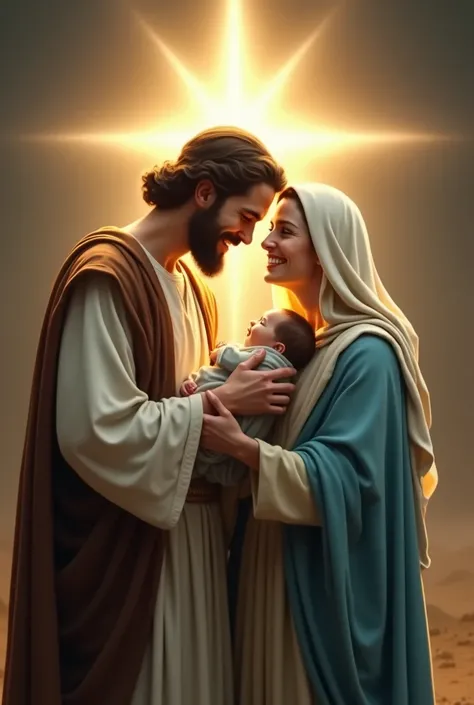  A powerful and moving scene of Mary and Joseph  , José wears a white robe with a transverse brown robe ,  Mary wears a white robe with a sky blue cloak she also wears a white veil over her head both are like old biblical clothes,   they are affectionately...