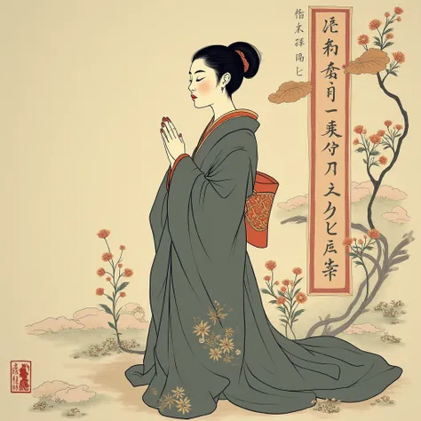 Full body、masutepiece、top-quality、ukiyoe painting　Sharaku　Monastic Woman Praying