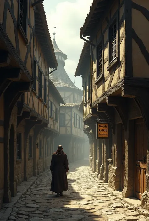 Medieval narrow street around 1403 monk 1404