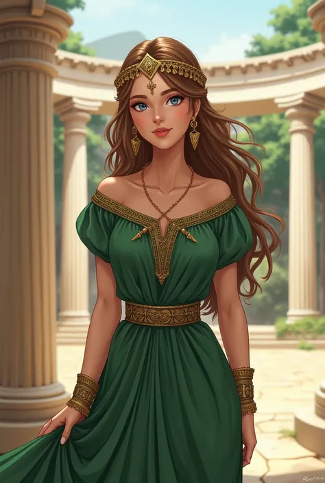 A princess of ancient Greece, Young, sexy,  blushed face,  garments wearing an ancient Greek gold tiara, wearing green ,  light brown hair ,  anime style , Ancient Greece scenery, Year 1500 a .c