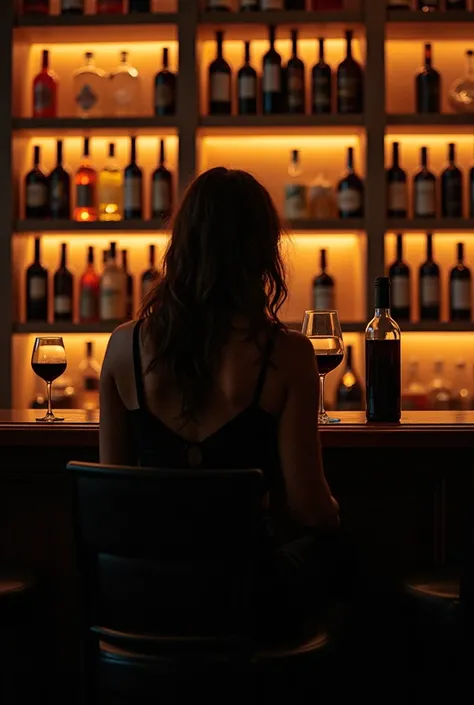 there is a woman sitting in a chair in front of a wine rack, a photo by Bob Thompson, reddit, process art, enjoying a glass of wine, sitting at the bar, sitting at a bar, with a bottle of wine, at a bar, in a bar, 2 5 yo, high quality upload, 2 , sitting a...