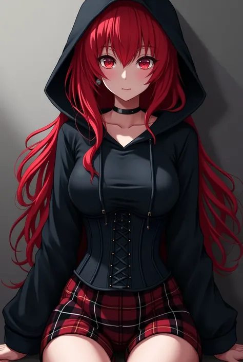 Sexy Anime Women Red Front Hair Black Back Hair Red Eyes Black Hoodie Black Corset Black Plaid Skirt