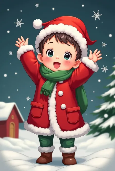 Create an image of a baby standing with hands up with Christmas style coat with headdress and accessories and an image of Christmas and New Year in the background ,  best quality, 8k,  extremely detailed,  anime style 