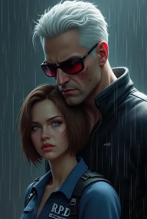 What if Jill Valentine and Albert Wesker were in love. The image showcases a digital illustration of two characters set against a dark, rain-swept background.

The first character, a young woman, is positioned slightly in front of the second character. She...