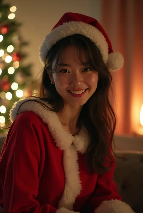 22-year-old Japanese woman in Santa Claus costume、 SELFIE STYLE 。 The background is the living room at night。 Soft Writing 、 portrait、 long brown hair and unkempt hair 、 standard-sized bust that emits a bright light、 slim model figure 、 smiles gently