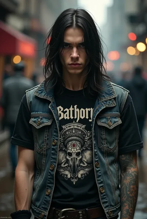 Metalhead male 21 year old , camisa do bathory, denim vest,  fair-skinned straight hair below the neck 