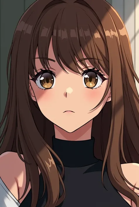   girl,Long brown hair with bangs,  brown eyes,  long eyelashes are not attractive,  full lips, dark skin with neutral expression , In the Hunter x Hunter anime style