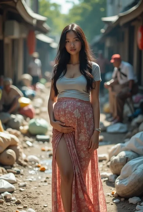 (NSFW), 8k, ultra detailed, day vibes, afternoon, full body shot, full body potrait, head to toe shot, beautiful asian woman at dirty place, full of garbage, litters everywhere, many dirty puddle, wearing tight t-shirt and long floral skirt, huge breasts, ...