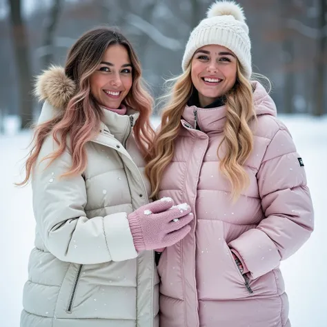 two 28 year old woman playing im the snow, Belinda white skin and chubby, long wavy dark blonde hair, dark Brown eyes, chubby and happy, wearing a sparkly pink plus sized jacket, with a skinny woman, with long wacy pink hair and green eyes, wearing a white...