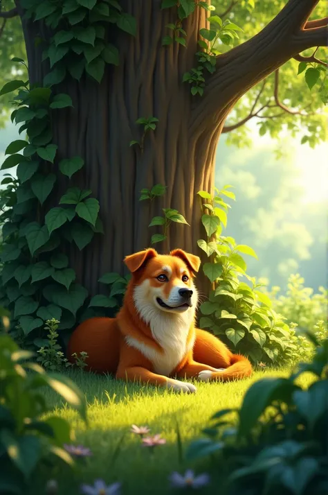 A dog in the bush under a tree