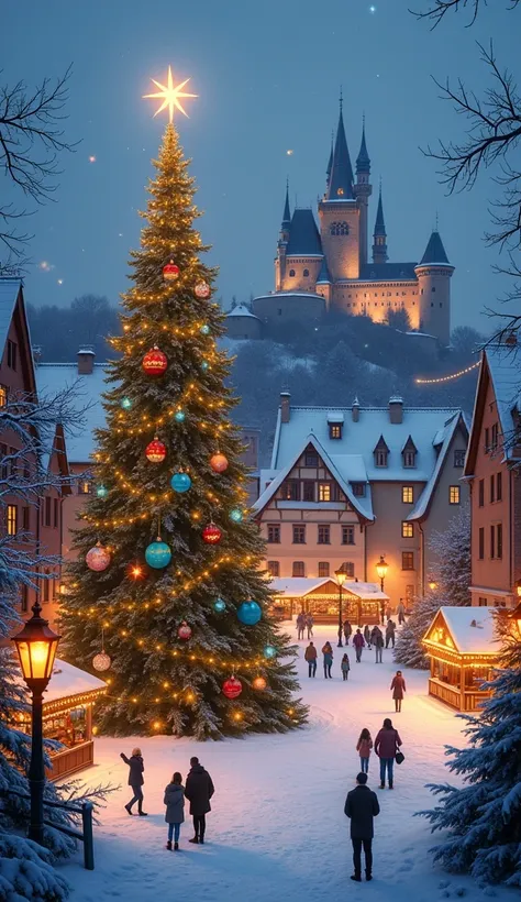 **Prompt:**  
"A stunning winter scene of a European-style town square, featuring a massive, beautifully decorated Christmas tree in the center. The tree is adorned with sparkling lights, colorful ornaments, and a glowing star on top. Surrounding the squar...