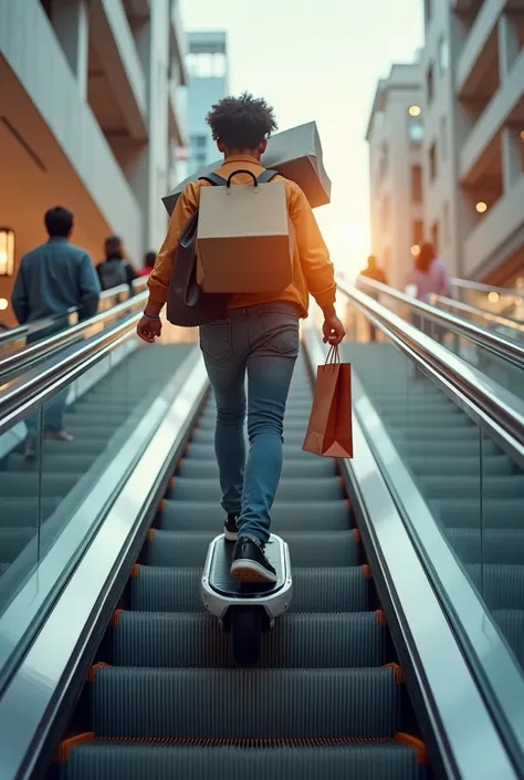 a person rides a gyroboard with purchases on an escalator