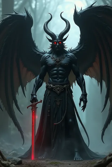 Shannat,  a black-skinned demon with horns and black angel wings, Your eyes emanate a dense fire, Shannat is holding a red sword. Do full-body shannat .