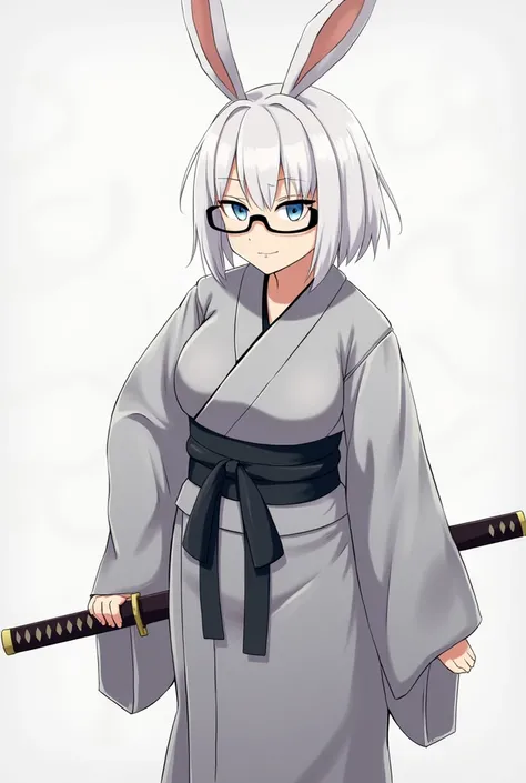 (masterpiece), best quality, expressive eyes, perfect face, white hair, short hair, light blue eyes, 1girl, tall, milf, glasses, bunny ears, katana, female, grey kimono, big breast, wide hips, smug, big thighs, facing front