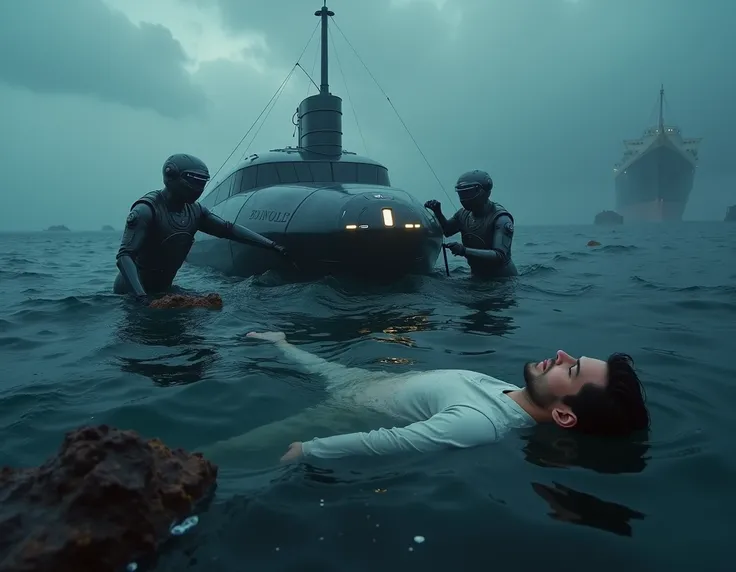  Leonardo DiCaprio floats unconscious in icy waters ,  surrounded by debris from the Titanic .  A futuristic submarine ,  with bright lights in shades of blue and silver ,  emerges from the depths . In the background,  the vast ocean extends under a cloudy...