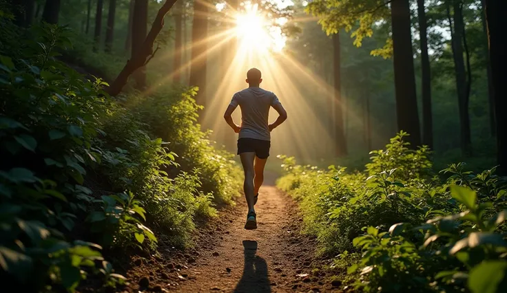 An aerial view of a person running through a forest, with the sun filtering through the trees, creating dappled light on the ground. The person is wearing running shoes and athletic clothing, conveying a sense of determination and perseverance. The environ...