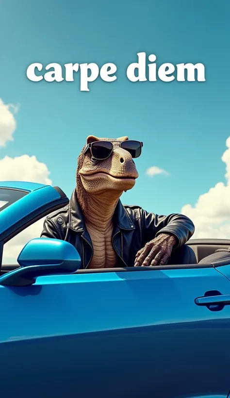 A velociraptor wearing sunglasses and a black leather jacket , in the driver’s seat, driving a convertible blue 2018 Camaro ss and the text “Carpe Dien” above the car, beautiful day, blue sky, 16k, realistic, cinema look, great picture 