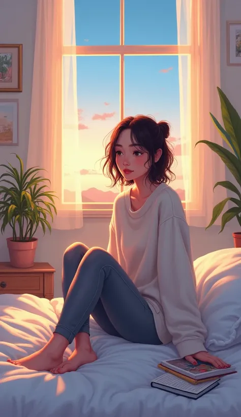 "An illustration of a young woman sitting on her bed in a cozy room, lost in thought. The room has soft, warm lighting with a calming atmosphere, featuring light pastel-colored walls and a few decorative plants in the background. The woman is dressed in ca...