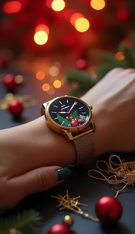 Realistic cinematic frame of a delicate hand with manicure toasting with a Galaxy Active 2 smartwatch with gold metal mesh placed on a dark surface decorated with small gold garlands and red spheres. The watch is on ,  showing a Christmas-themed cover ,  w...