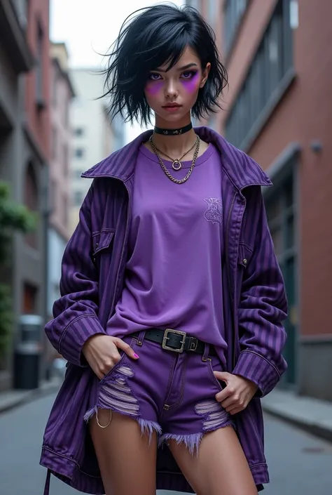 an adult woman with purple eyes/  short black hair /  she wears a torn purple t-shirt underneath, a striped purple jacket ,  a dark purple short shorts and purple sneakers .