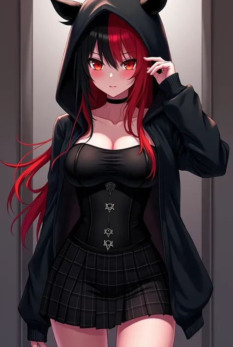 Sexy Anime Women Red Front Hair Black Back Hair Red Eyes Black Hoodie Black Corset Black Plaid Skirt