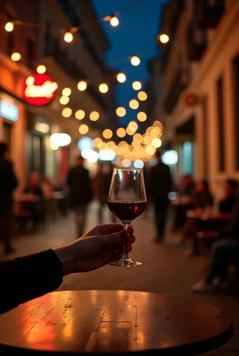 A dimly lit street bar balcony at night. A table is lit by a warm light, and a womans hand reaches out to grab a glass of red wine. String lights hang overhead, creating a festive atmosphere. The background is blurred, with the focus on the womans hand and...