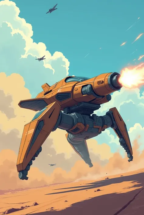 A light war vehicle colored brown and blue, in a battle. The style is futuristic anime. The setting is clean and minimal, no text or symbols. The colors are flat and stylized, resembling traditional anime aesthetics, with clean lines and bold shading.